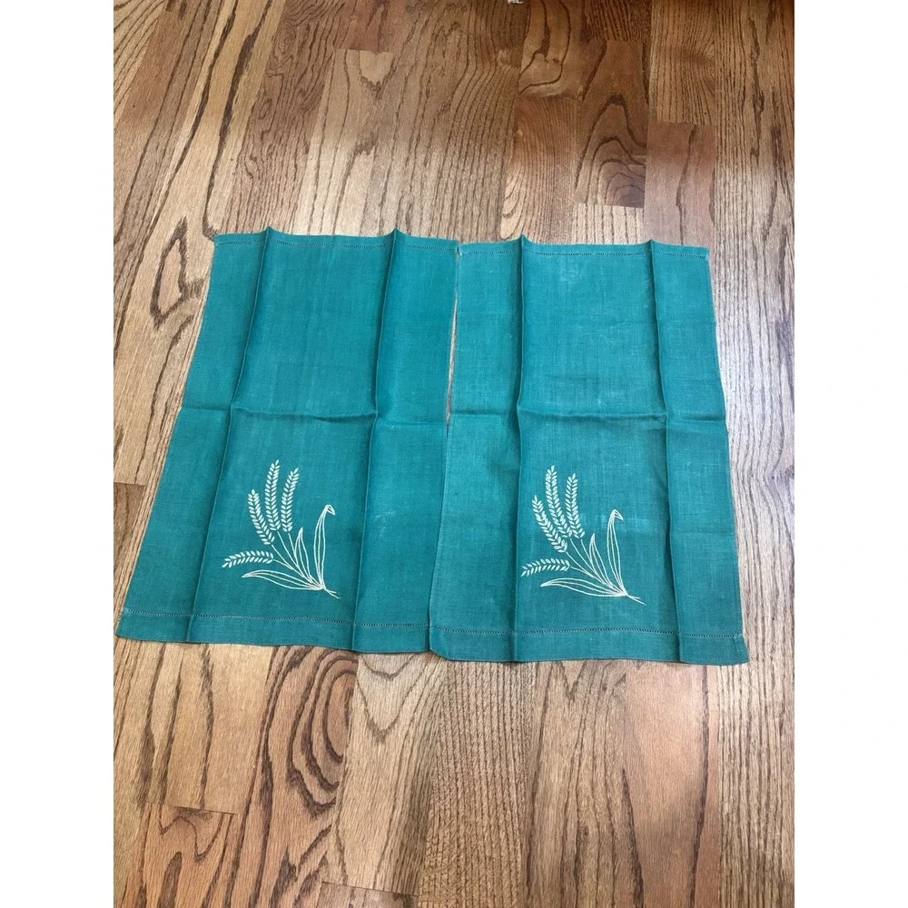 Vintage Hand Embroidered Fingertip Towels Set Green Linen Wheat Sheaf
